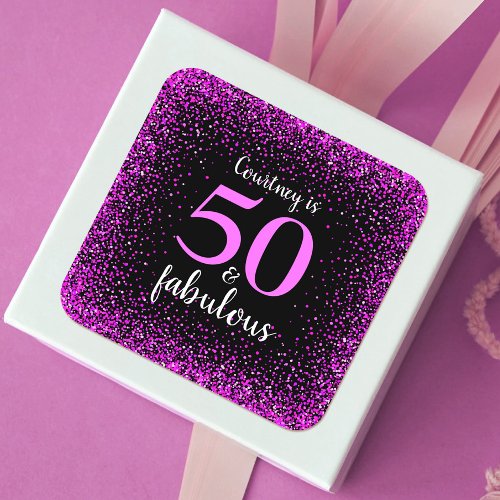 50 and fabulous sparkly black hot pink script name square sticker