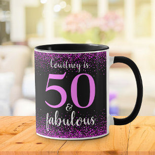 50 and fabulous sparkly pink & black personalized mug