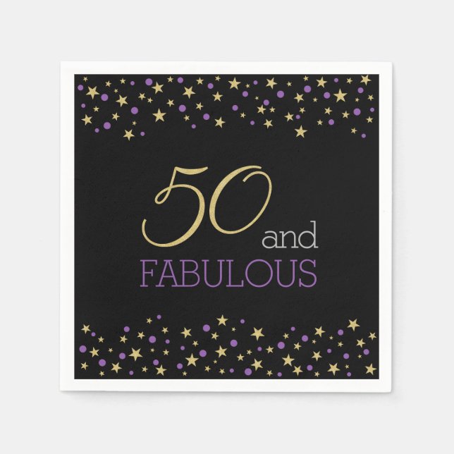 50 and Fabulous Stars and Purple Confetti Dots Napkins (Front)