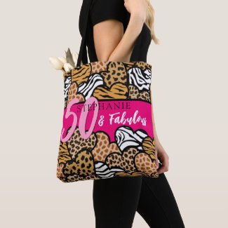 50 and Fabulous Stylish Pink Animal Print Hearts 