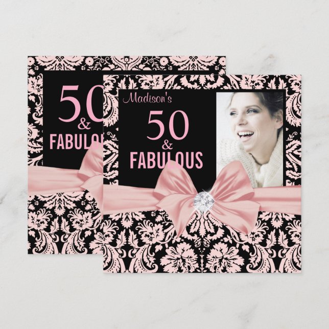 50 and Fabulous Stylish pink damask bow birthday Invitation (Front/Back)