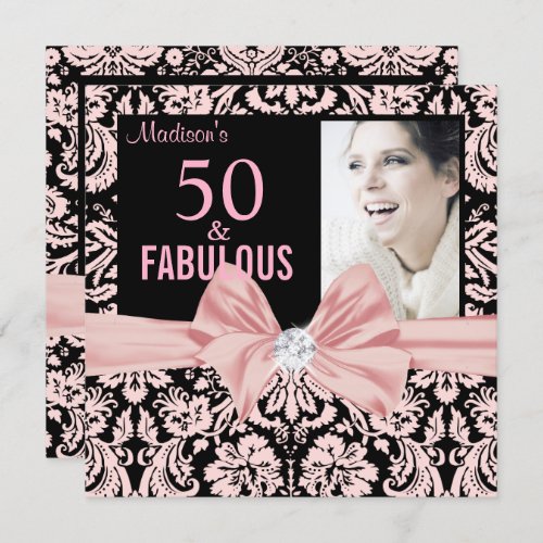 50 and Fabulous Stylish pink damask bow birthday Invitation