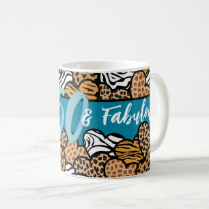 50 and Fabulous Stylish Teal Animal Print Hearts Coffee Mug