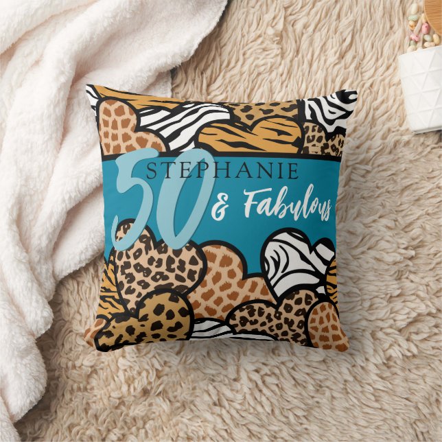 50 and Fabulous Stylish Teal Animal Print Hearts  Throw Pillow (Blanket)