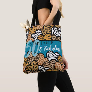50 and Fabulous Stylish Teal Animal Print Hearts Tote Bag