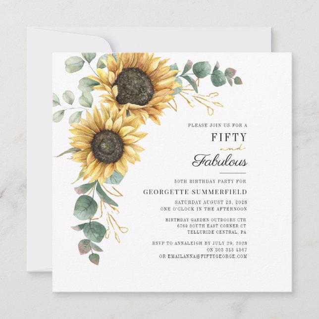 50 and Fabulous Sunflower Eucalyptus 50th Birthday Invitation (Front)