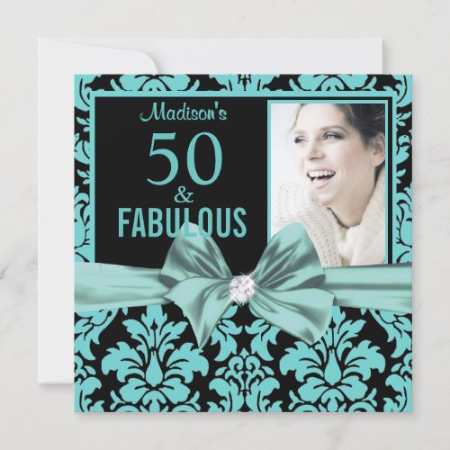 50 and Fabulous teal damask Photo  50th Birthday Invitation