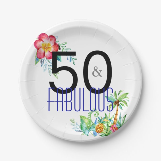 50 and Fabulous Tropical 50th Birthday Party Paper Plates (Front)