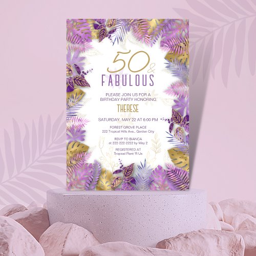 50 and Fabulous Tropical Purple Gold 50th Birthday Invitation
