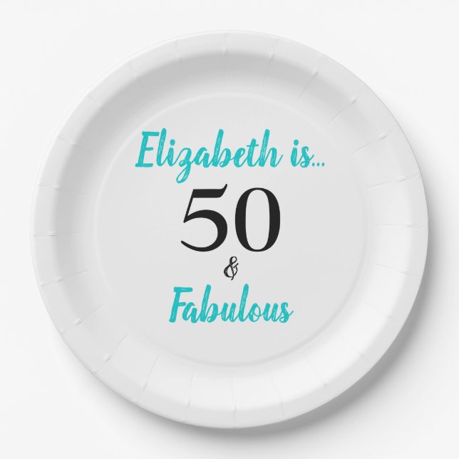 50 and Fabulous Turquoise Birthday Party Paper Plates (Front)