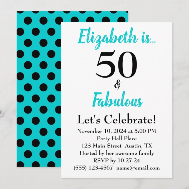 50 and Fabulous Turquoise Blue Birthday Invitation (Front/Back)