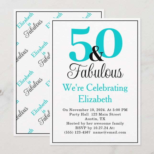50 and Fabulous Turquoise Blue on White Invitation (Front/Back)