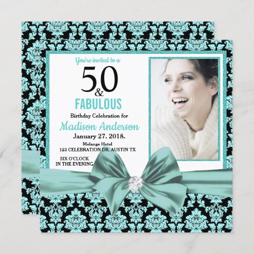 50 and Fabulous turquoise damask  50th birthday Invitation