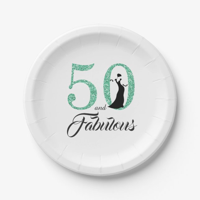 50 and Fabulous Turquoise Glitter Birthday Party Paper Plates (Front)
