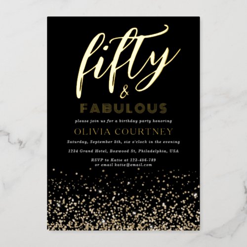 50 and Fabulous Typography Black Gold Glitter Foil Invitation