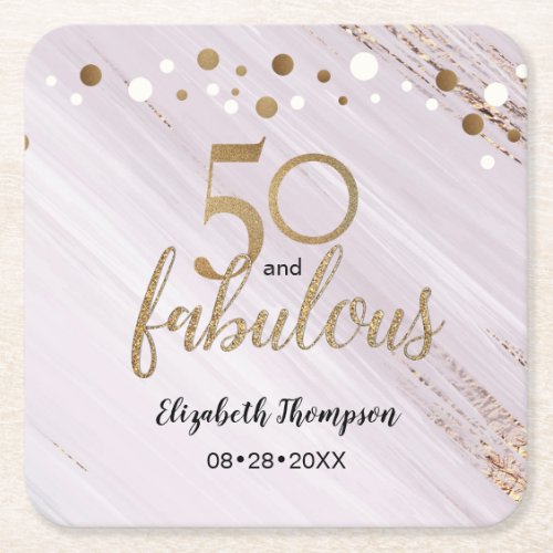 50 and fabulous watercolor and gold strokes custom square paper coaster