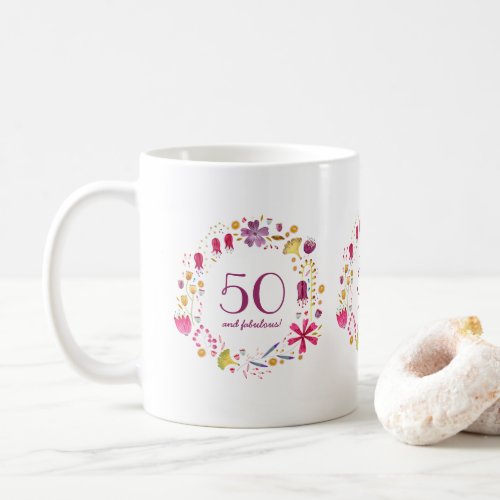 50 and Fabulous Watercolor Floral Birthday Coffee Mug