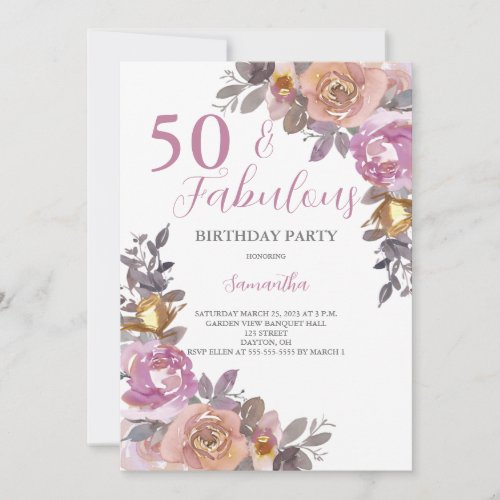 50 and Fabulous Watercolor Floral Birthday Party  Invitation