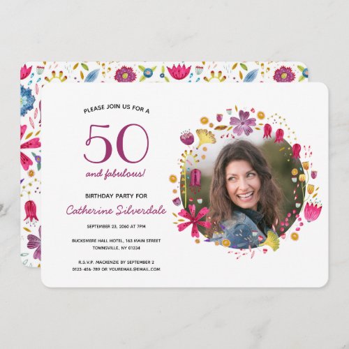 50 and Fabulous Watercolor Floral Birthday Party Invitation