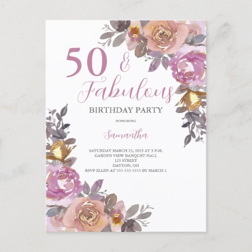 50 and Fabulous Watercolor Floral Birthday Party Invitation Postcard