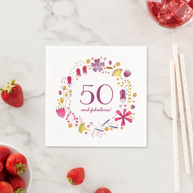 50 and Fabulous Watercolor Floral Birthday Party Napkins (Insitu)