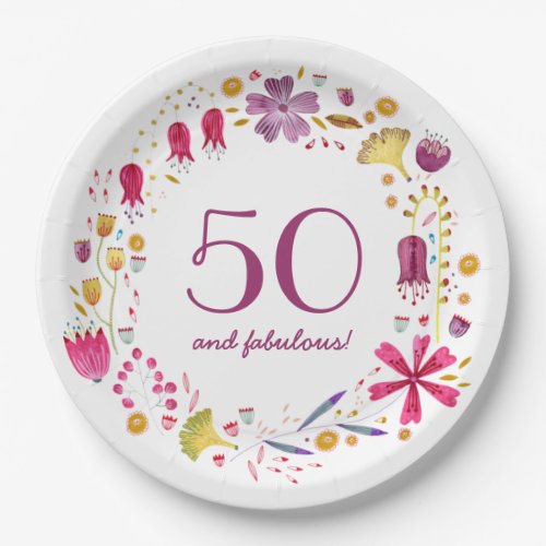 50 and Fabulous Watercolor Floral Birthday Party Paper Plates