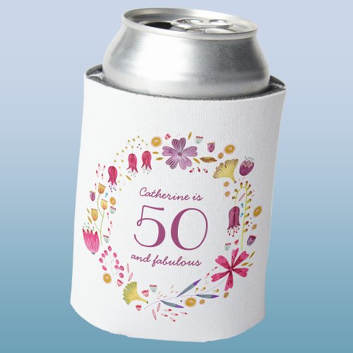 50 and Fabulous Watercolor Floral Custom Name Can Cooler