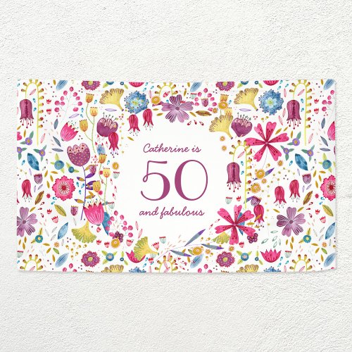 50 and Fabulous Watercolor Floral Name Birthday Banner