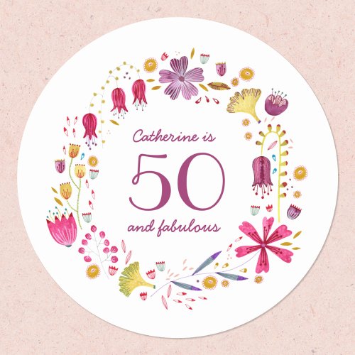 50 and Fabulous Watercolor Floral Name Birthday Classic Round Sticker