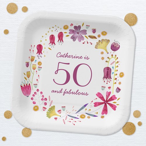 50 and Fabulous Watercolor Floral Name Birthday Paper Plates