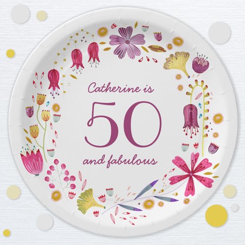 50 and Fabulous Watercolor Floral Name Birthday Paper Plates