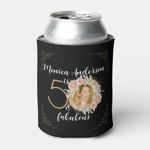 50 and Fabulous Watercolor Floral Photo Black Can Cooler