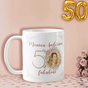 50 and Fabulous Watercolor Floral Photo Name Coffee Mug