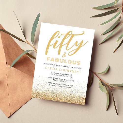 50 and Fabulous White and Gold Glitter Birthday Invitation