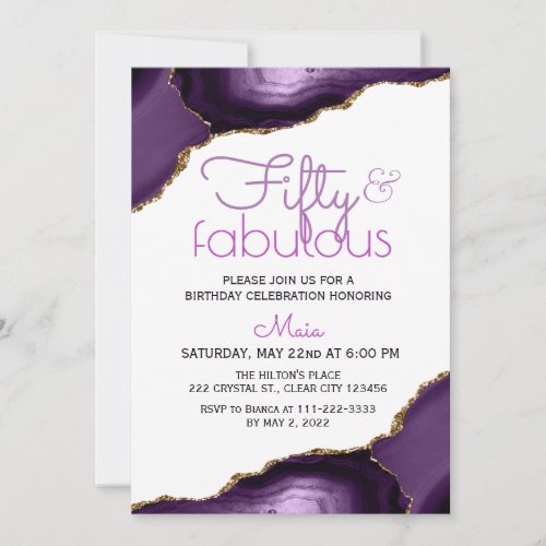 50 and Fabulous White Purple Agate Invitation