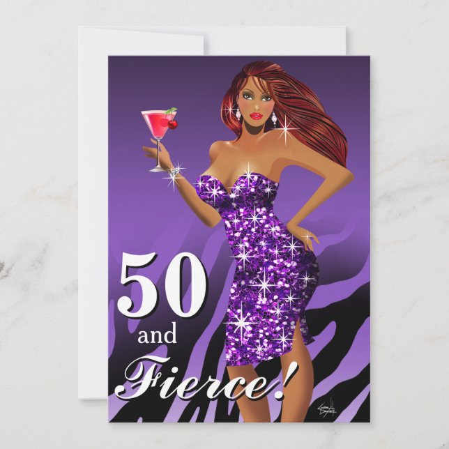 50 and Fierce Glam Sparkly Zebra Bombshell purple Invitation (Front)