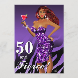 50 and Fierce Glam Sparkly Zebra Bombshell purple Invitation