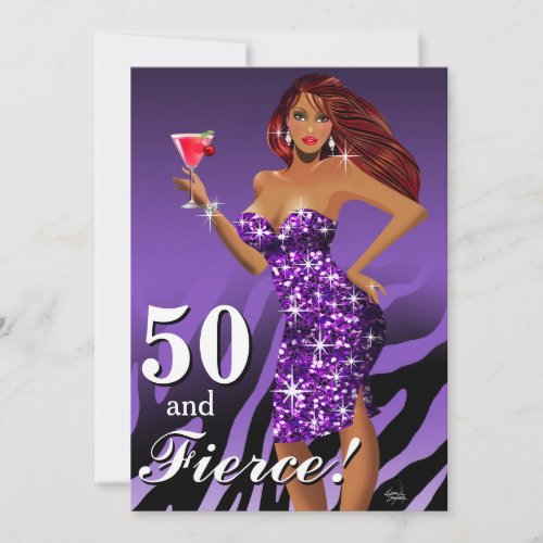 50 and Fierce Glam Sparkly Zebra Bombshell purple Invitation