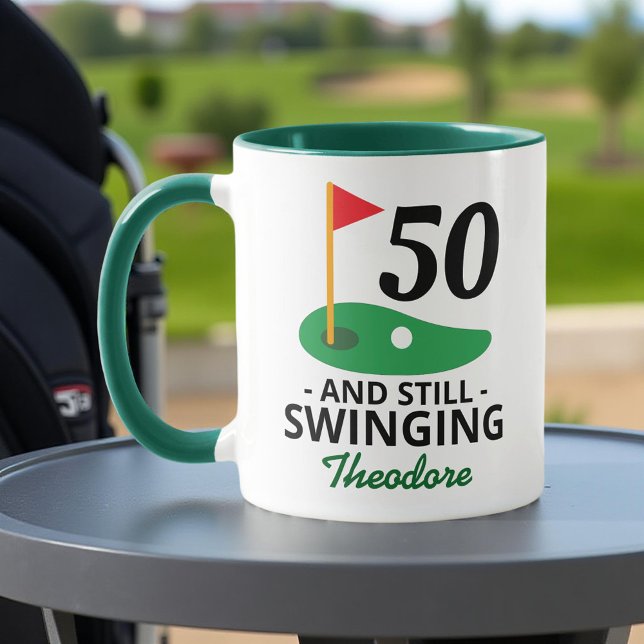 50 and Still Swinging, Funny 50th Birthday Golfer Mug (Creator Uploaded)