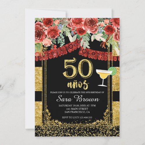 50 aos Red Roses Mexican Birthday  Invitation