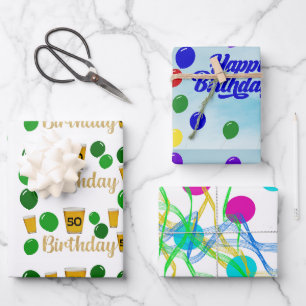 50 beer, happy birthday, circles squiggles wrapping paper sheets
