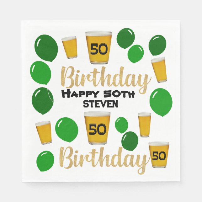 50 birthday beers and green balloons Paper Napkin (Front)