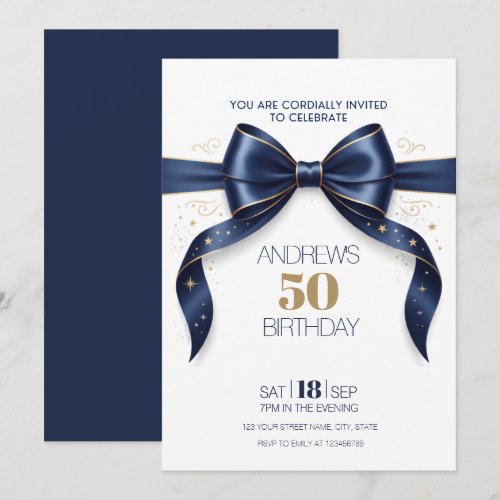 50 Birthday Blue Gold Bow Elegant Classy  Invitation