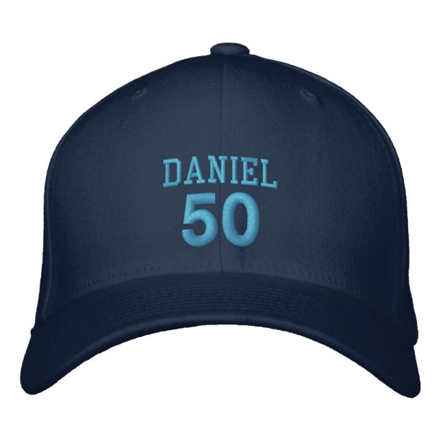 50 Birthday Custom Name BLUE Embroidery V01C6 Embroidered Baseball Hat (Front)