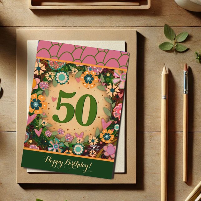 50 Birthday Floral Pink Green Inspirivity Card (Creator Uploaded)