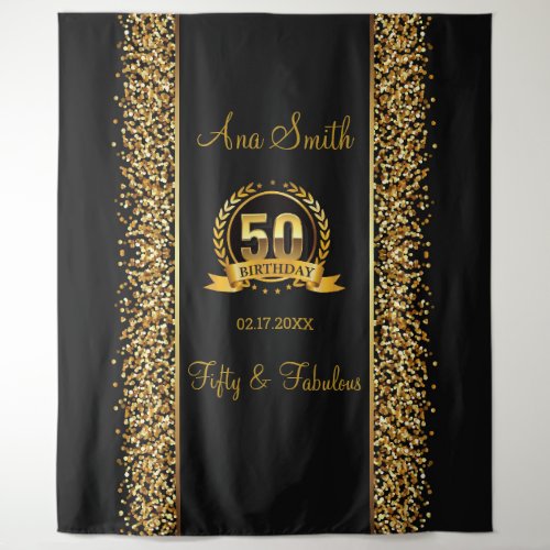 50 Birthday Gold  Black Birthday Party Tapestry