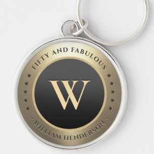 50 Birthday Monogram Modern Elegant Black Gold Keychain