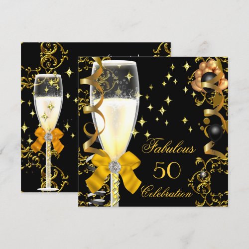 50 Birthday Party Fabulous Champagne Gold Black Invitations