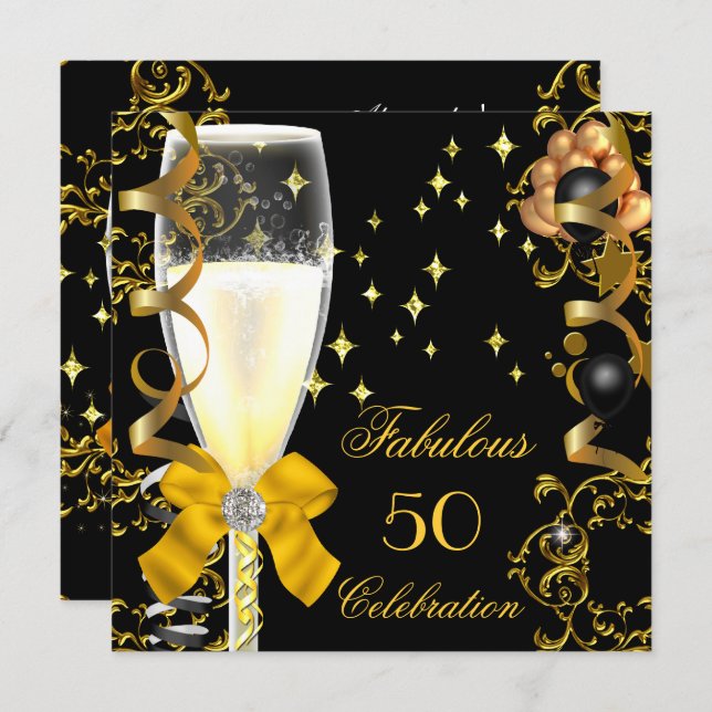 50 Birthday Party Fabulous Champagne Gold Black Invitation (Front/Back)