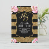 50 Birthday Party Invitations - Floral Gold Glitte (Standing Front)